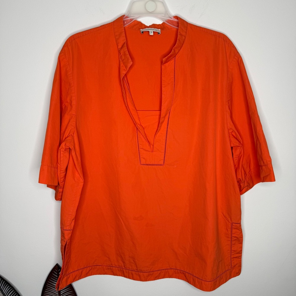 Lafayette 148 New York Orange Cotton Poplin V-Neck Tunic Top XL Embroidered